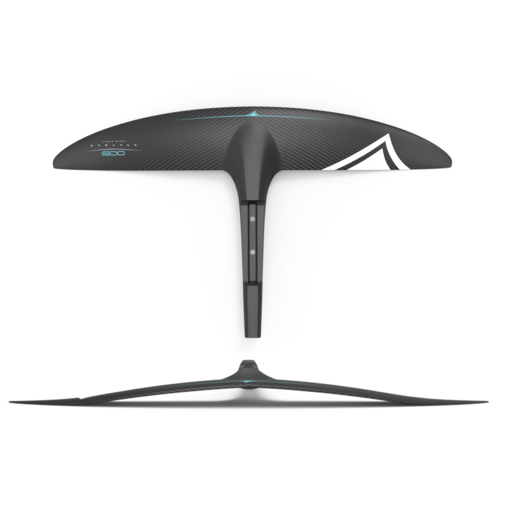 The Liquid Force 2025 Status Carbon 600 Fuselock Front Wing, with its sleek aerodynamic design and innovative FuseLock system, is displayed from front and top angles against a plain white background.