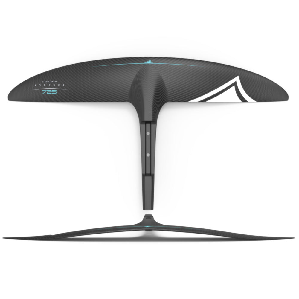 The Liquid Force 2025 Status Carbon 725 Fuselock Front Wing is a high-performance surf foil featuring a carbon hydrofoil with a large, curved wing and vertical stabilizer, elegantly showcased against a white background. It is perfect for wake foiling enthusiasts seeking precision and speed on the water.