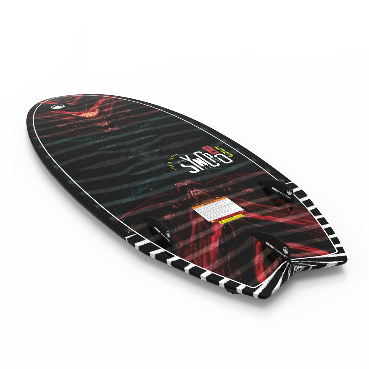 The Liquid Force 2025 Syncro Wakesurf Board, presented on a white background, features a striking black and red design with abstract patterns. It is equipped with three fins to enhance stability.