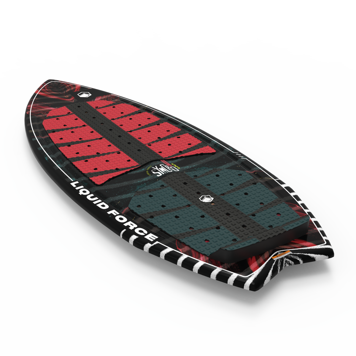 The Liquid Force 2025 Syncro Wakesurf Board features a striking black, red, and teal design with a striped edge and black traction pads, providing excellent board stability. Its skim profile enhances agility for smooth rides on the water.