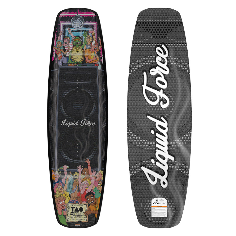 Two views of the Liquid Force 2025 Tao Wakeboard showcase its artistry: one side bursts with colorful graphics of people dancing and a turtle, while the other boasts a sleek black surface featuring Hotbox technology and a bold Liquid Force logo.