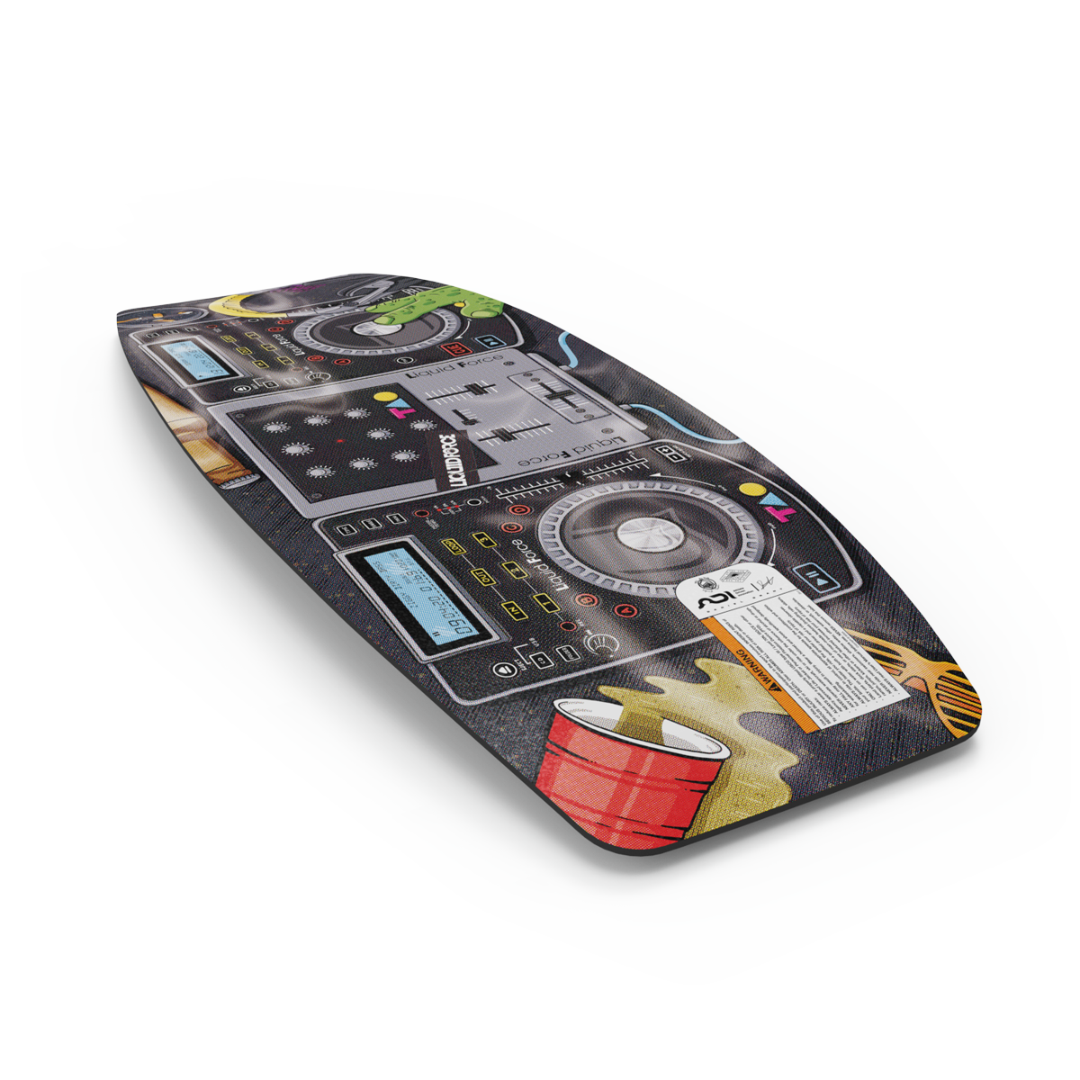 A rectangular device featuring illustrated control panels and gears, adorned with a red cup and colorful graphics, reminiscent of the dynamic thrills of the Liquid Force 2025 Tao Wakeskate.