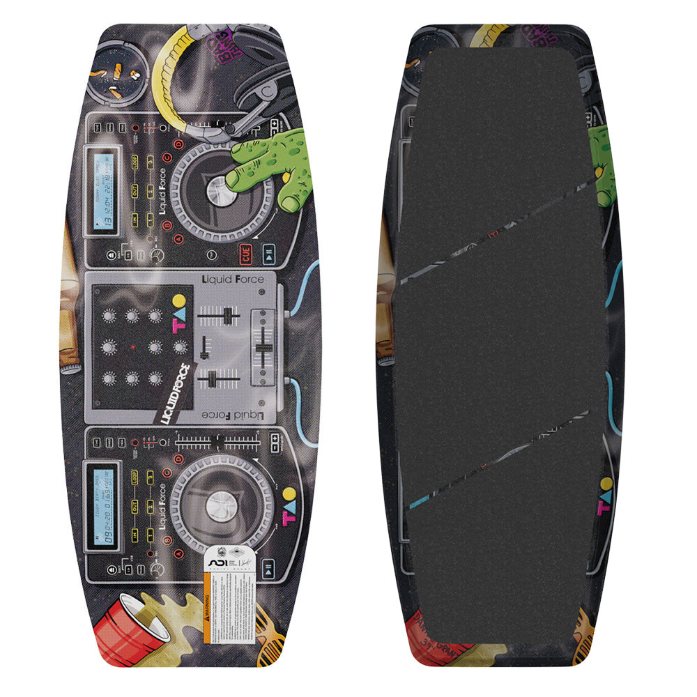 The Liquid Force 2025 Tao Wakeskate by Liquid Force showcases two perspectives: the top, embellished with vibrant graphics resembling a DJ turntable design, and the bottom, featuring a textured gray surface ideal for performing flip tricks.