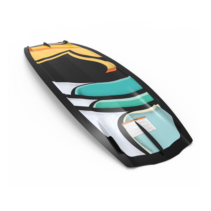 The Liquid Force 2025 Trip Wakeboard with Index 6R Bindings, featuring an array of abstract patterns in vibrant yellow, turquoise, black, and white, evokes the excitement of a joyous wakeboarding adventure and is set against a clean white background.