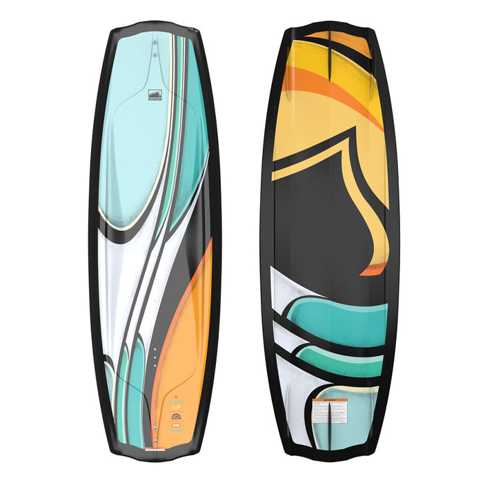 The Liquid Force 2025 Trip Wakeboard paired with Index 6R Bindings features two wakeboards in an eye-catching display. They boast dynamic abstract designs in teal, orange, and yellow set against a black background, making them perfect for injecting excitement into your next water adventure.