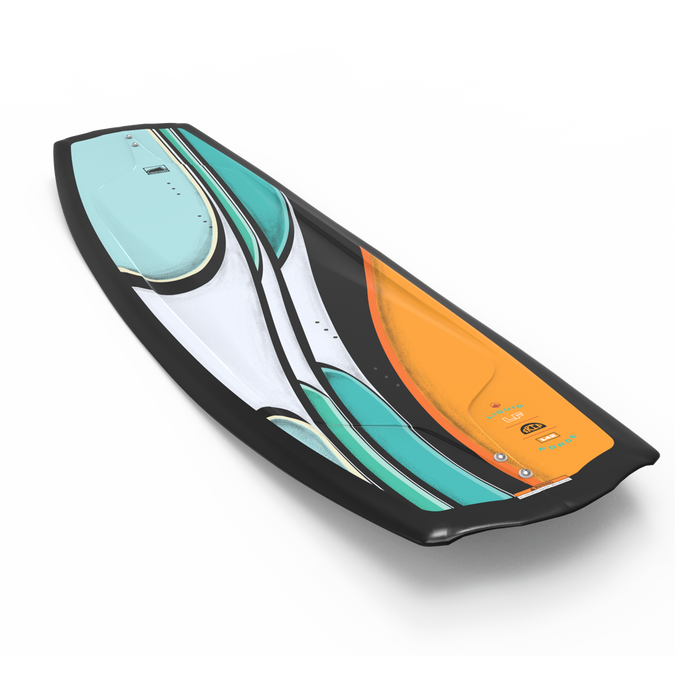 Viewed from an angle, the Liquid Force 2025 Trip Wakeboard | Index 6R Bindings showcases a vibrant design with sections in turquoise, orange, black, and white.