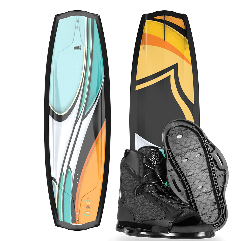 The Liquid Force 2025 Trip Wakeboard | Index 6R Bindings guarantees an exciting aquatic adventure. One of the wakeboards showcases a vibrant teal and orange design, while the other boasts an eye-catching yellow and black pattern. Black boots are included to enhance your ultimate experience on the water.