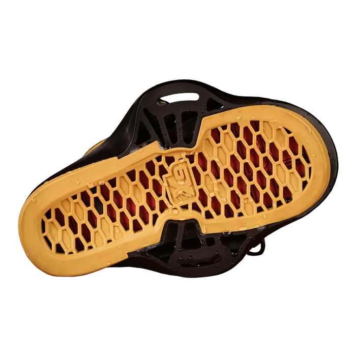 Yellow and black honeycomb-patterned sole of the Liquid Force 2025 Ethos Wakeboard's Vertex 6x Boots, inspired by athlete-driven innovation, viewed from below.