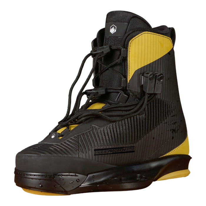 The Liquid Force 2025 Ethos Wakeboard featuring Vertex 6x Boots, characterized by their black and yellow high-top design with laces and straps, showcases a textured look labeled as Dynamic Precision, epitomizing Athlete Driven Innovation.