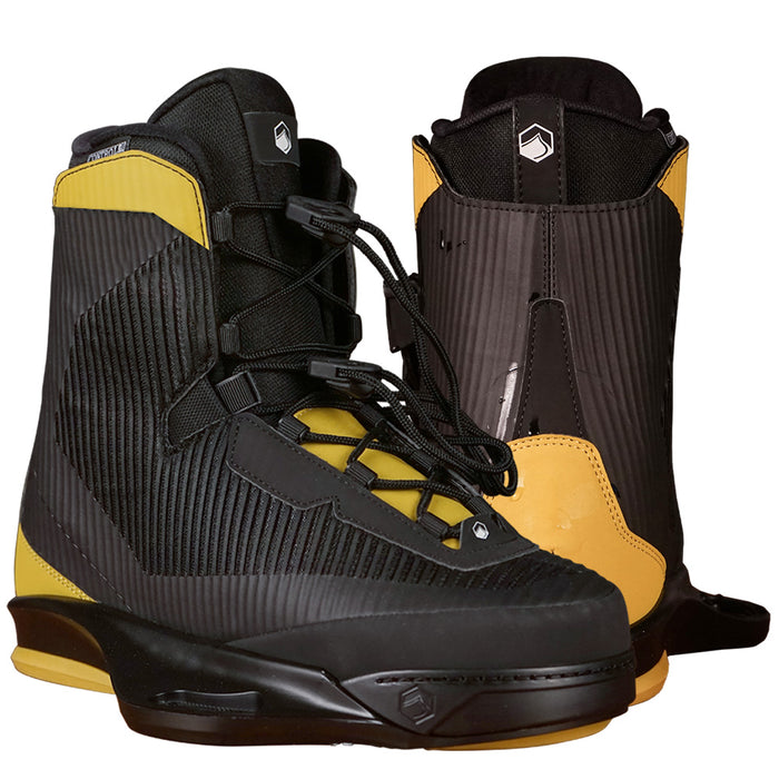 The Liquid Force 2025 Ethos Wakeboard paired with Vertex 6x Boots showcases a striking black and yellow high-top design with laces, reflecting athlete-driven innovation for wakeboarding enthusiasts, perfectly positioned together.