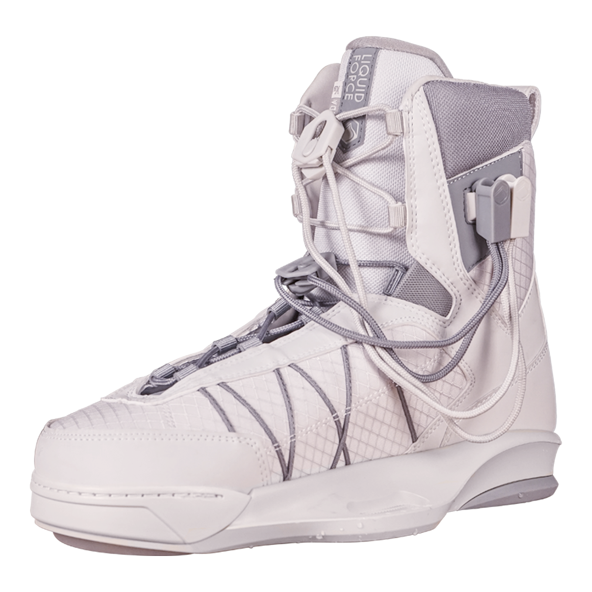 Explore the Liquid Force 2025 Vida 6X Bindings, showcasing a futuristic high-top design in a light gray and white color scheme, complete with intricate lace details and high-performance binding attachments.