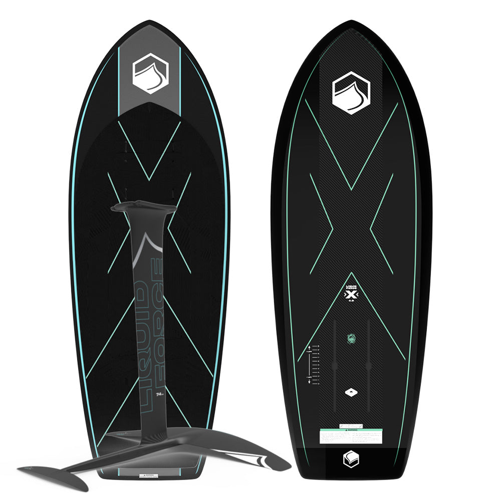 Two Liquid Force 2025 X Foil Boards in black and teal, showcasing a sleek design and the Carbon Horizon 1200 Fuselock Foil Package, are viewed from the top and side.