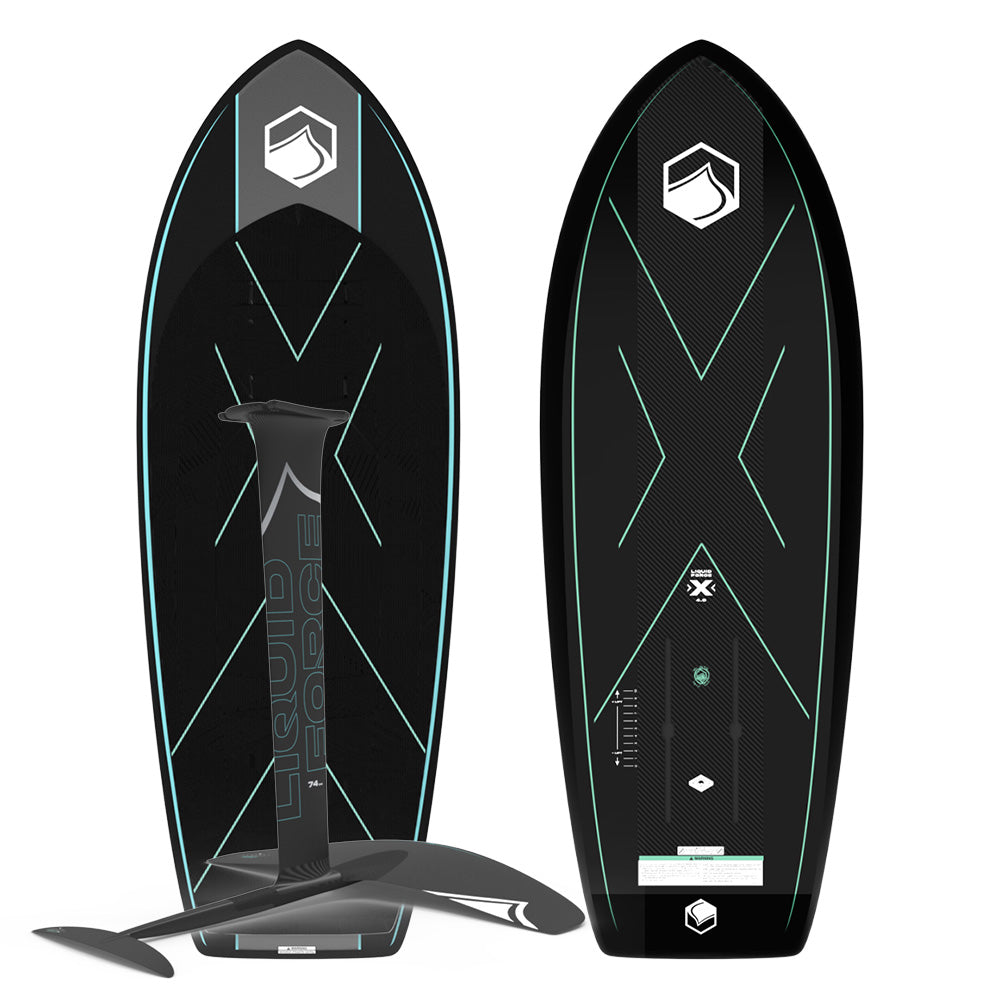 Two views showcase the stylish black Liquid Force 2025 X Foil Board with turquoise accents, highlighting both its top and bottom. The base is equipped with a large foil fin, an advanced Fuselock system, and the Carbon Horizon 1550 design, while the top prominently features the Liquid Force brand logo.