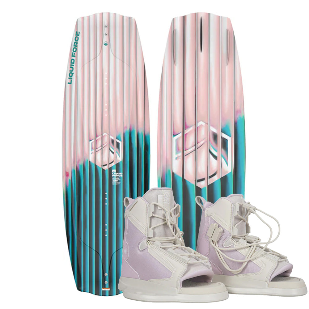 Two Liquid Force Angel Wakeboards with a pink, teal, and white striped pattern, shown upright with Plush 6R Bindings in light pink and white—perfect for beginners with their forgiving continuous rocker design.