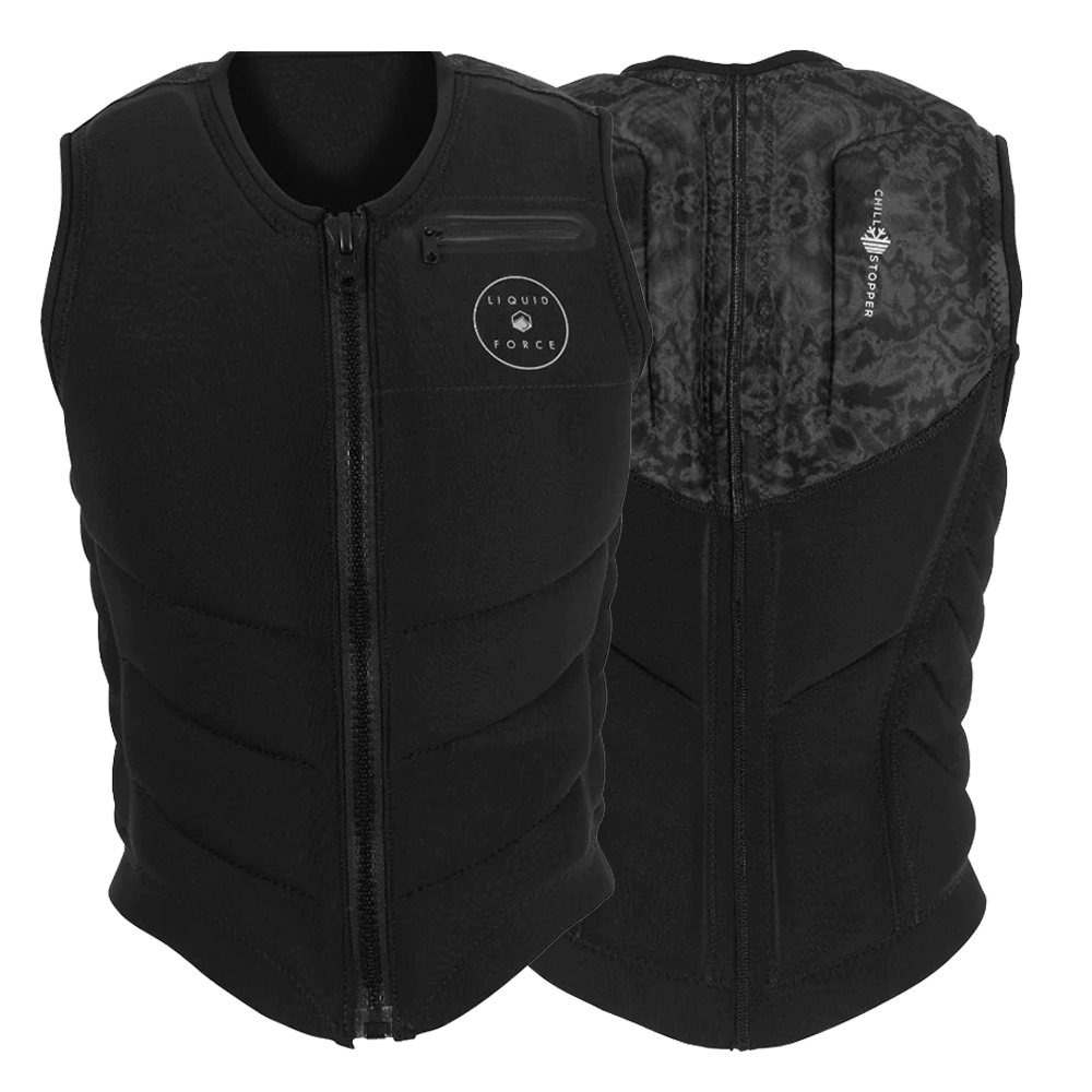 A black Liquid Force Breeze Ladies Comp Vest with a Liquid Force logo on it, featuring the Power-Flex Neoprene material.