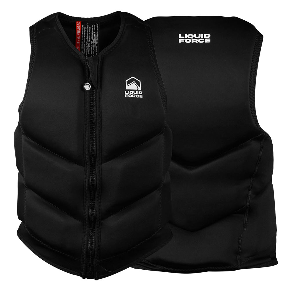 Introducing the Liquid Force Core Ladies Comp Vest, a black buoyancy vest featuring front zippers and stylish white logos. This vest from Liquid Force showcases an advanced multi-flexing panel design for enhanced comfort and is visually displayed from both the front and back, seamlessly blending style with safety.