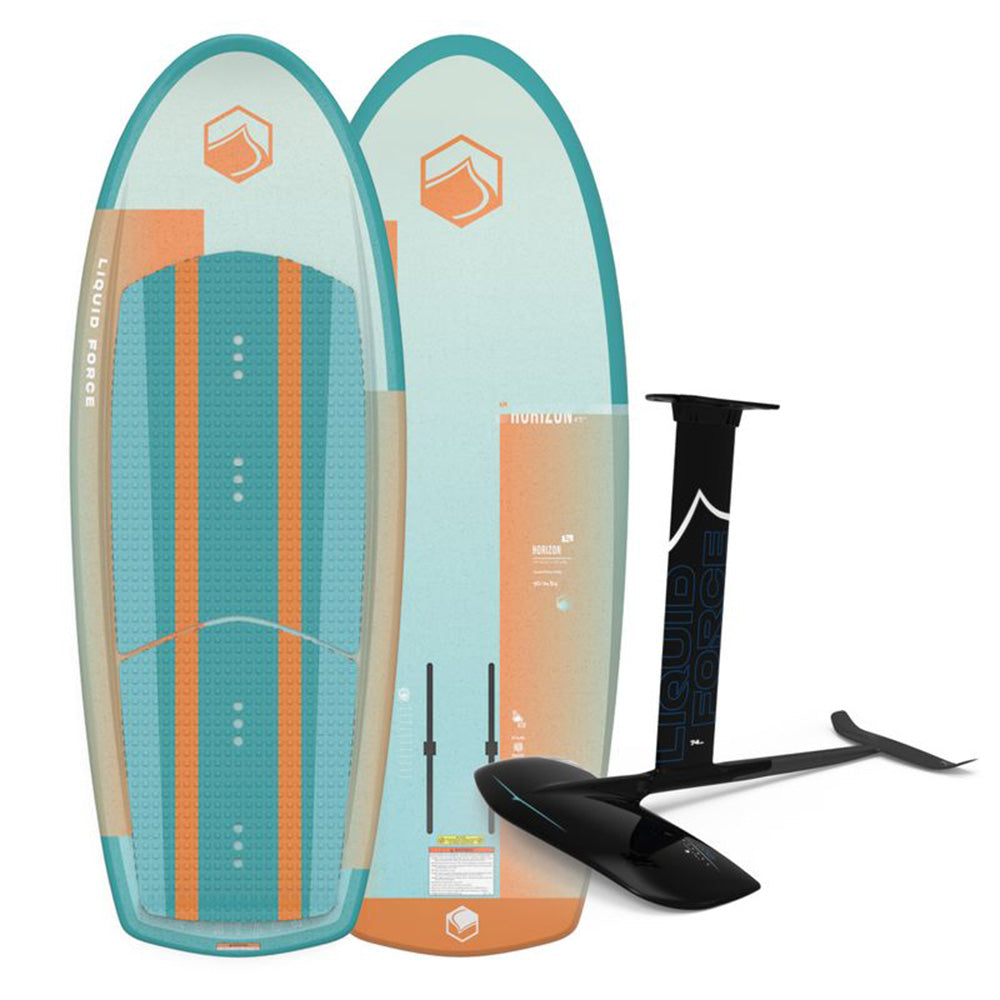 Two aqua and orange Liquid Force Horizon Foil Boards stand side by side, with the black, blue, and white Launch Alloy 1200 Fuselock Foil Package (2026) by Liquid Force displayed in front of them.