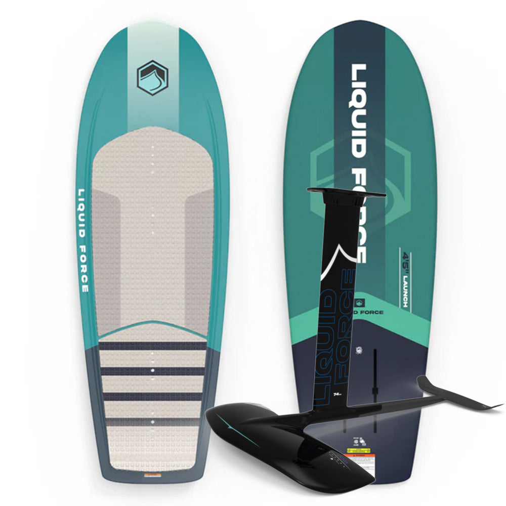 Two views of the Liquid Force Launch Foil Board | Launch Alloy 1200 Fuselock Foil Package 2026: one shows its textured teal and blue deck, the other highlights the black hydrofoil and LF Foil Track System attached underneath.
