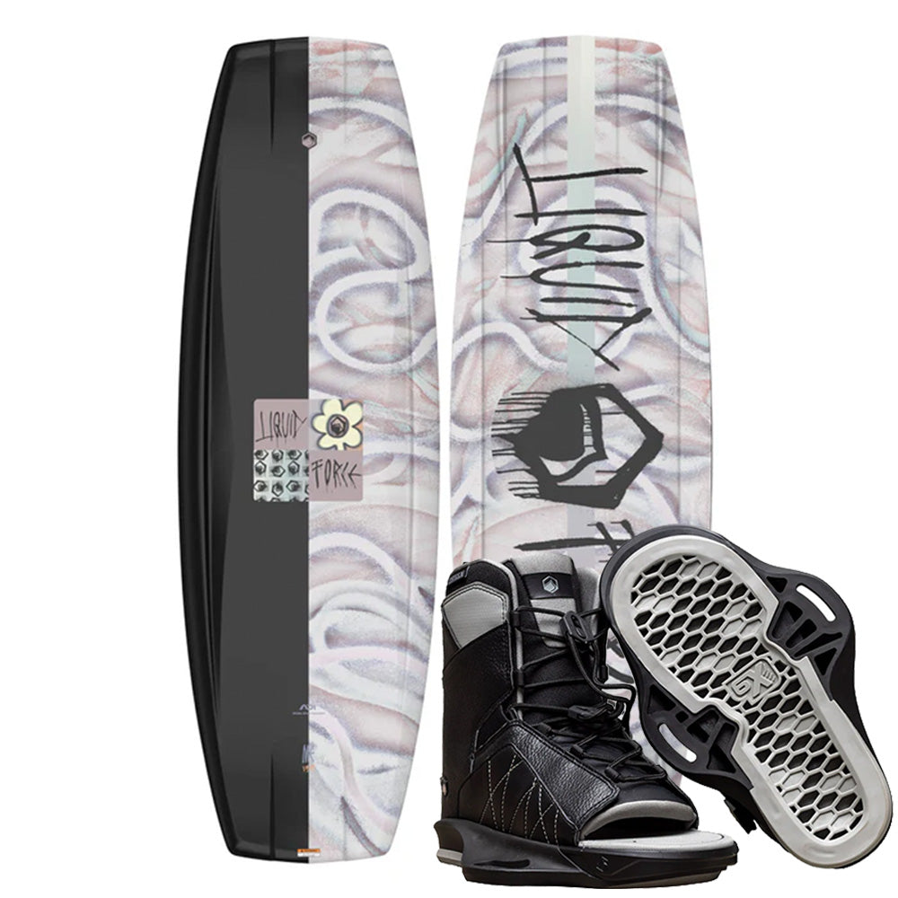The Liquid Force M.E. Wakeboard with progressive 3-stage rocker and black & white graphics is shown from top and bottom views, alongside a pair of black Transit 6X bindings by Liquid Force.