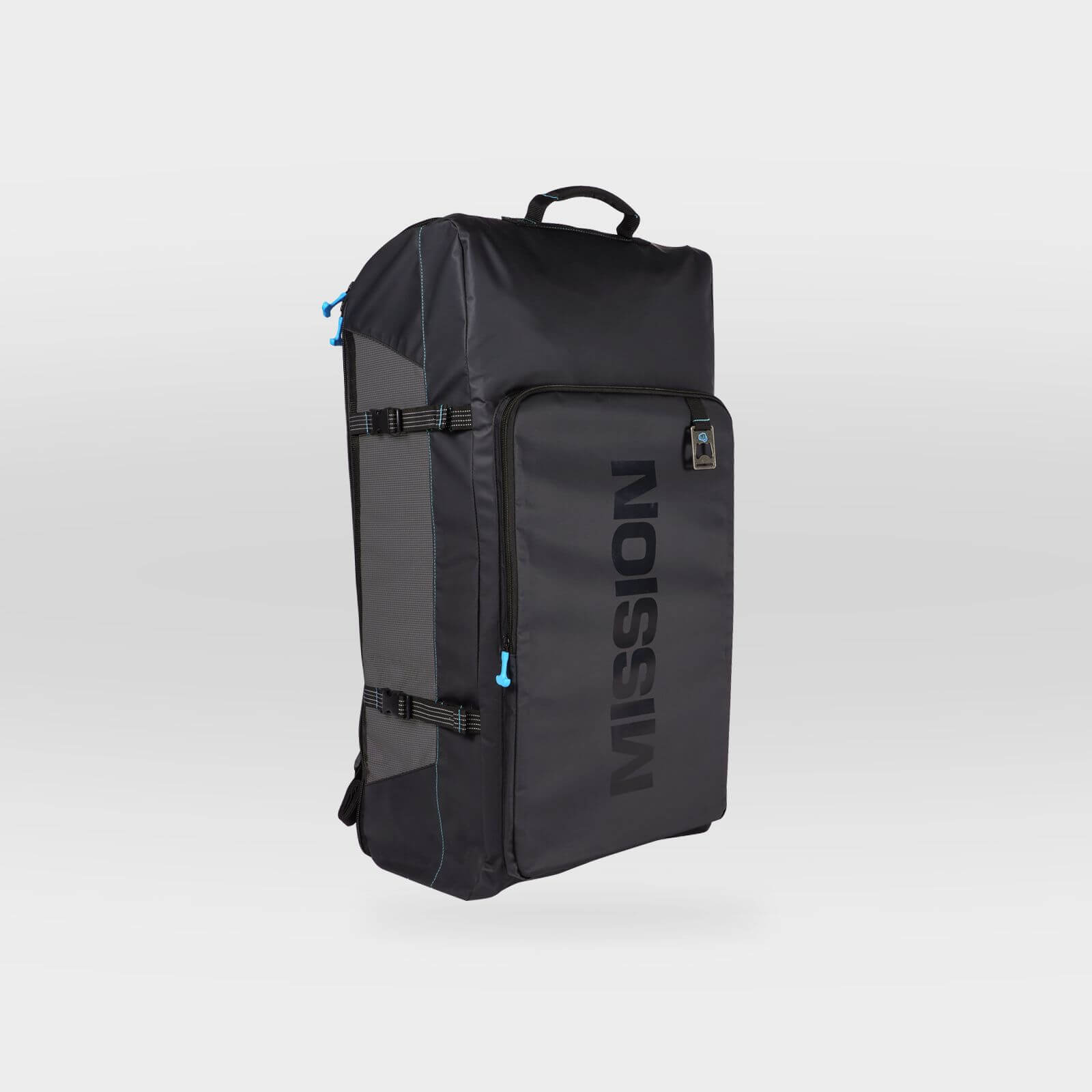 A black backpack with the word MISSION on it, perfect for carrying your essentials and serving as a convenient backpack storage bag.