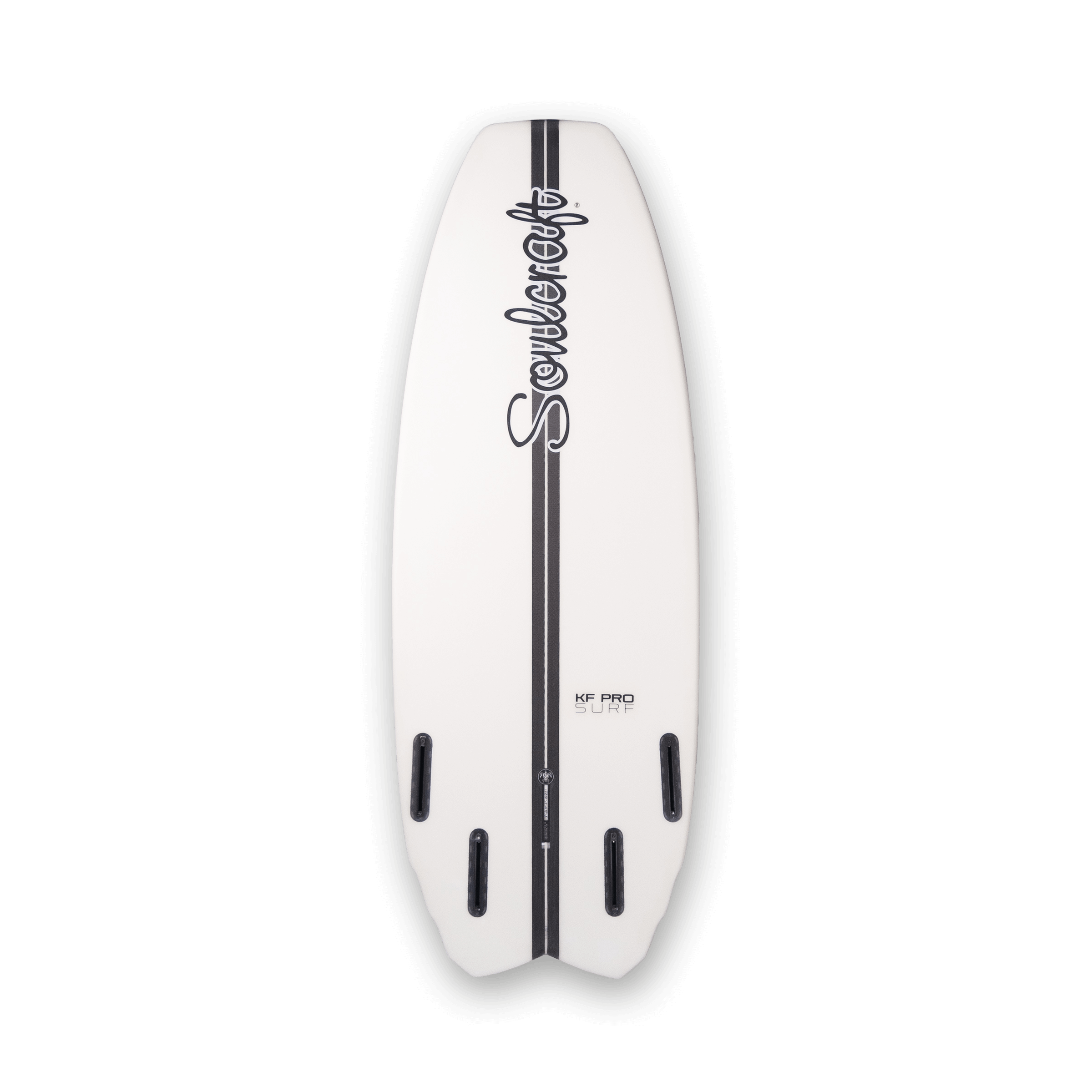 Soulcraft KF Pro Surf Wakesurf Board by Soulcraft is renowned in the industry for its efficient and high-performance white surfboard. Against a sleek black background, this surfboard stands out with its exceptional design and craftsmanship.