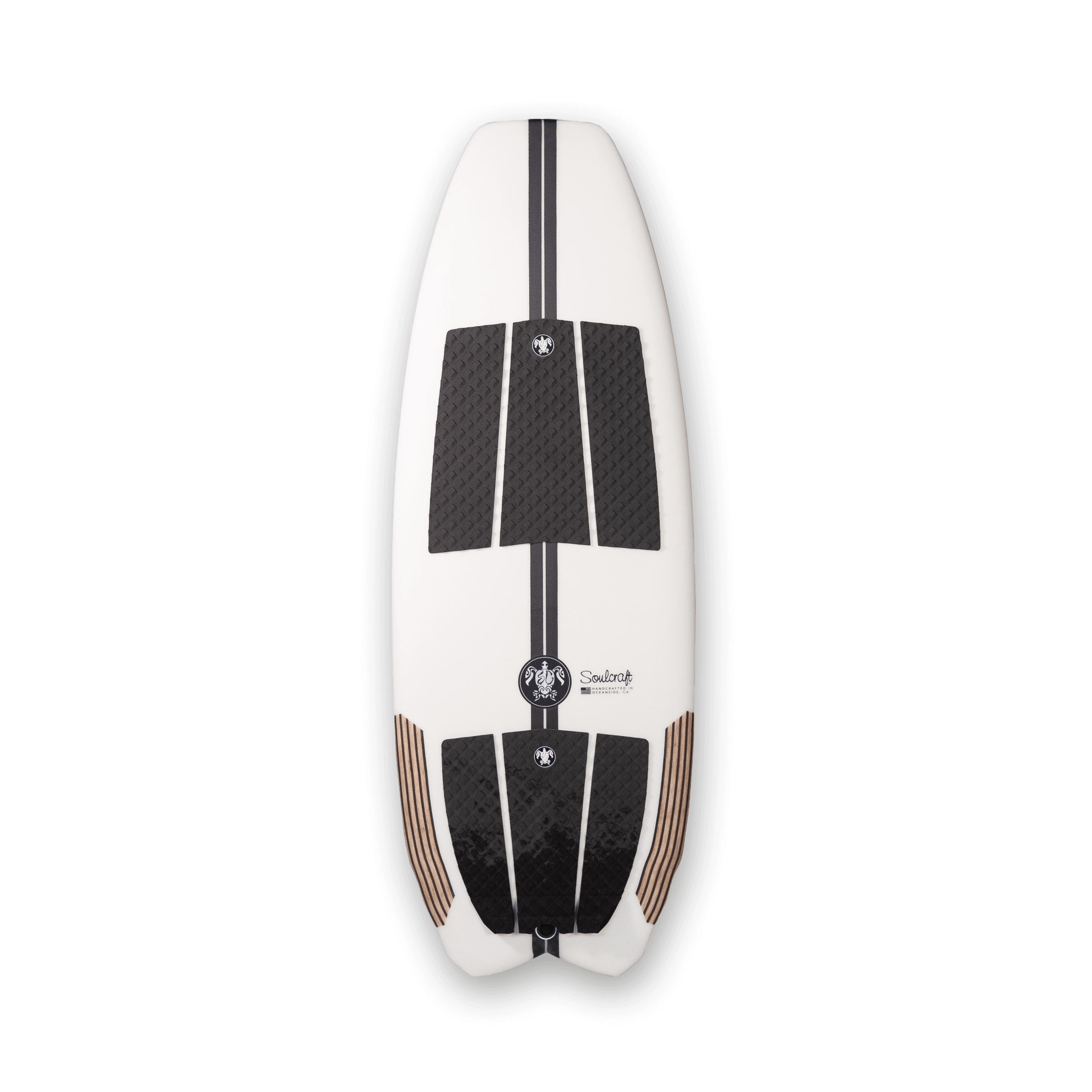A white and black Soulcraft KF Pro Surf Wakesurf Board showcasing performance and efficiency on a sleek black background.
