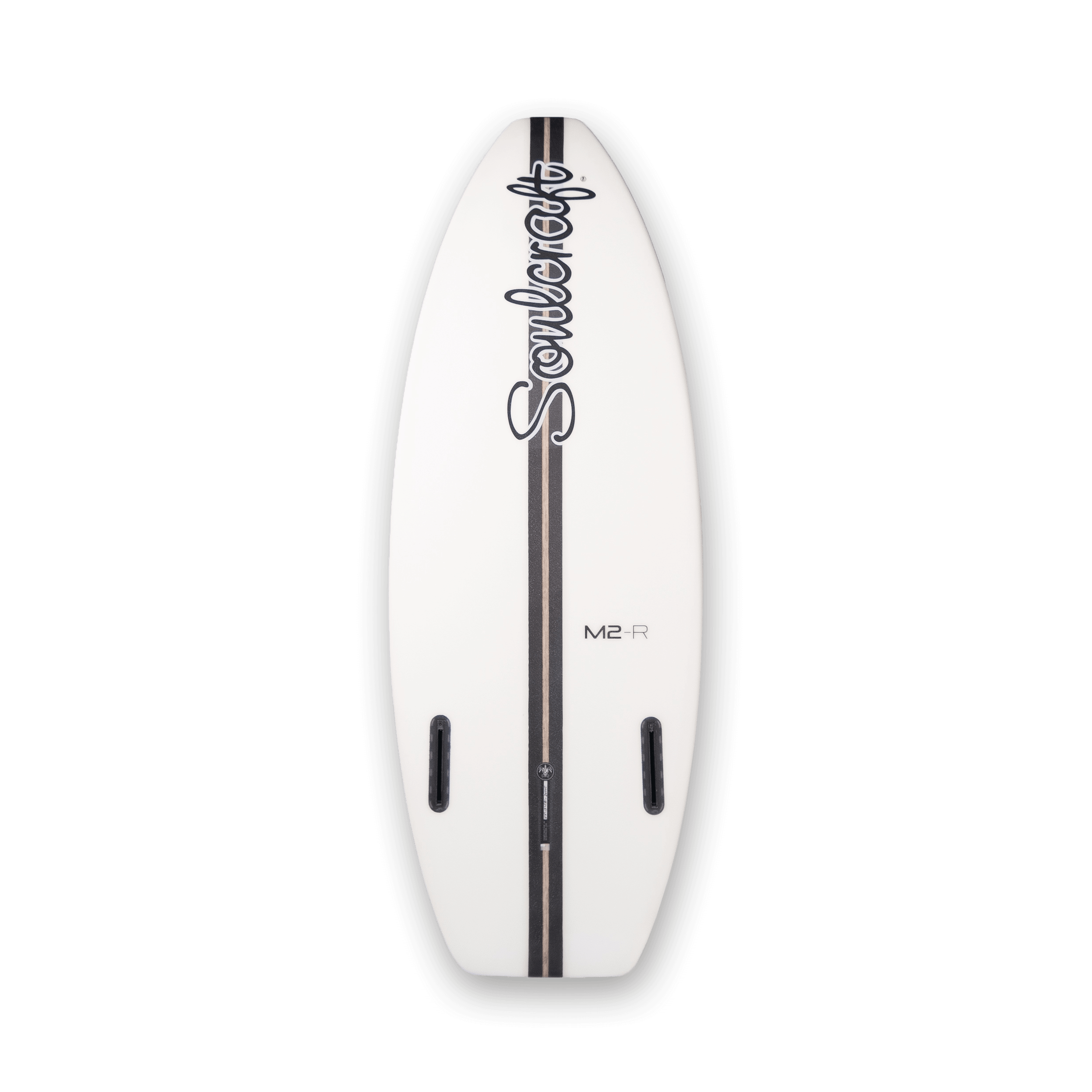 A white Soulcraft M2-R Wakesurf Board on a black background.