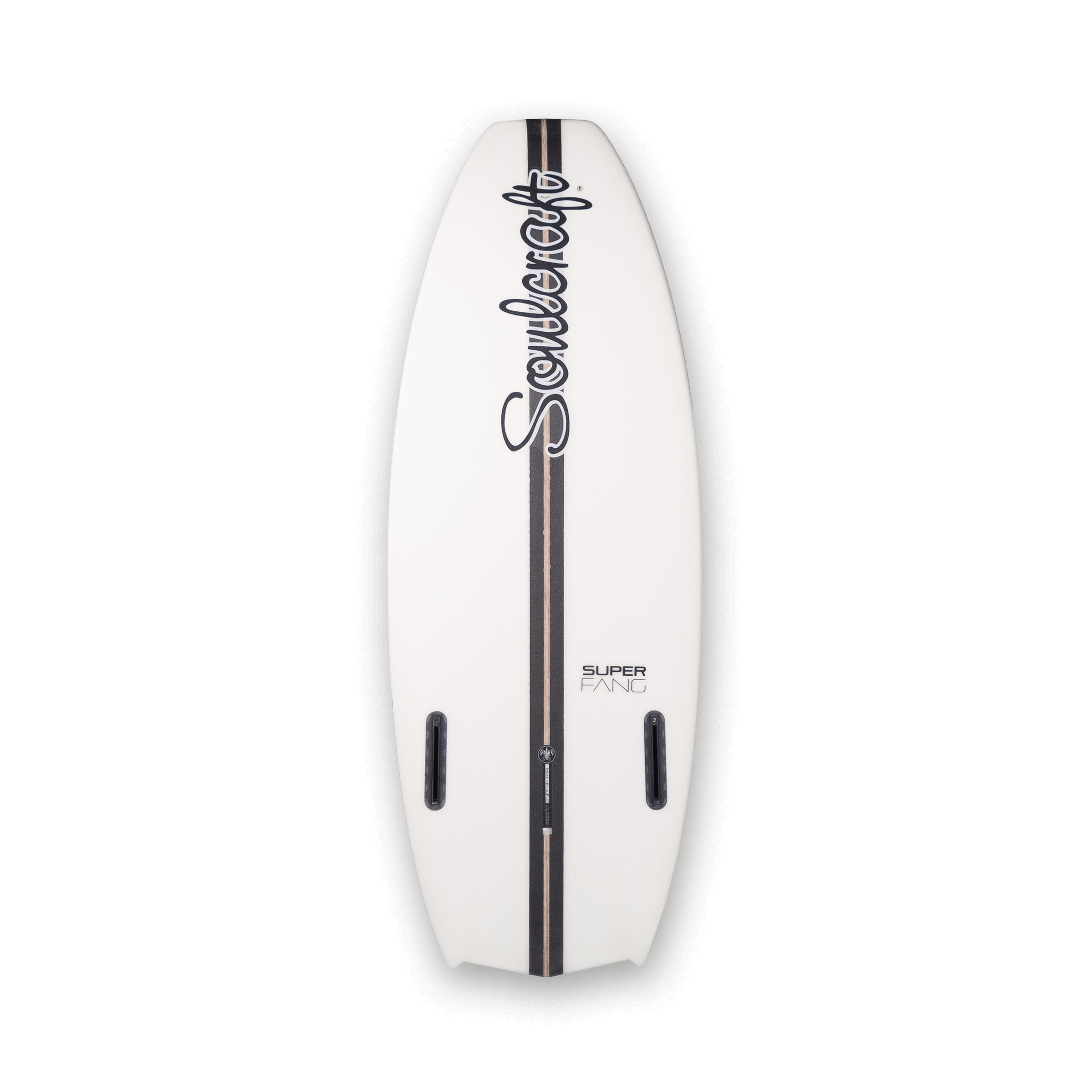 A sleek Soulcraft SuperFang-R Wakesurf Board made with R-Series carbon fiber, set against a striking black background.