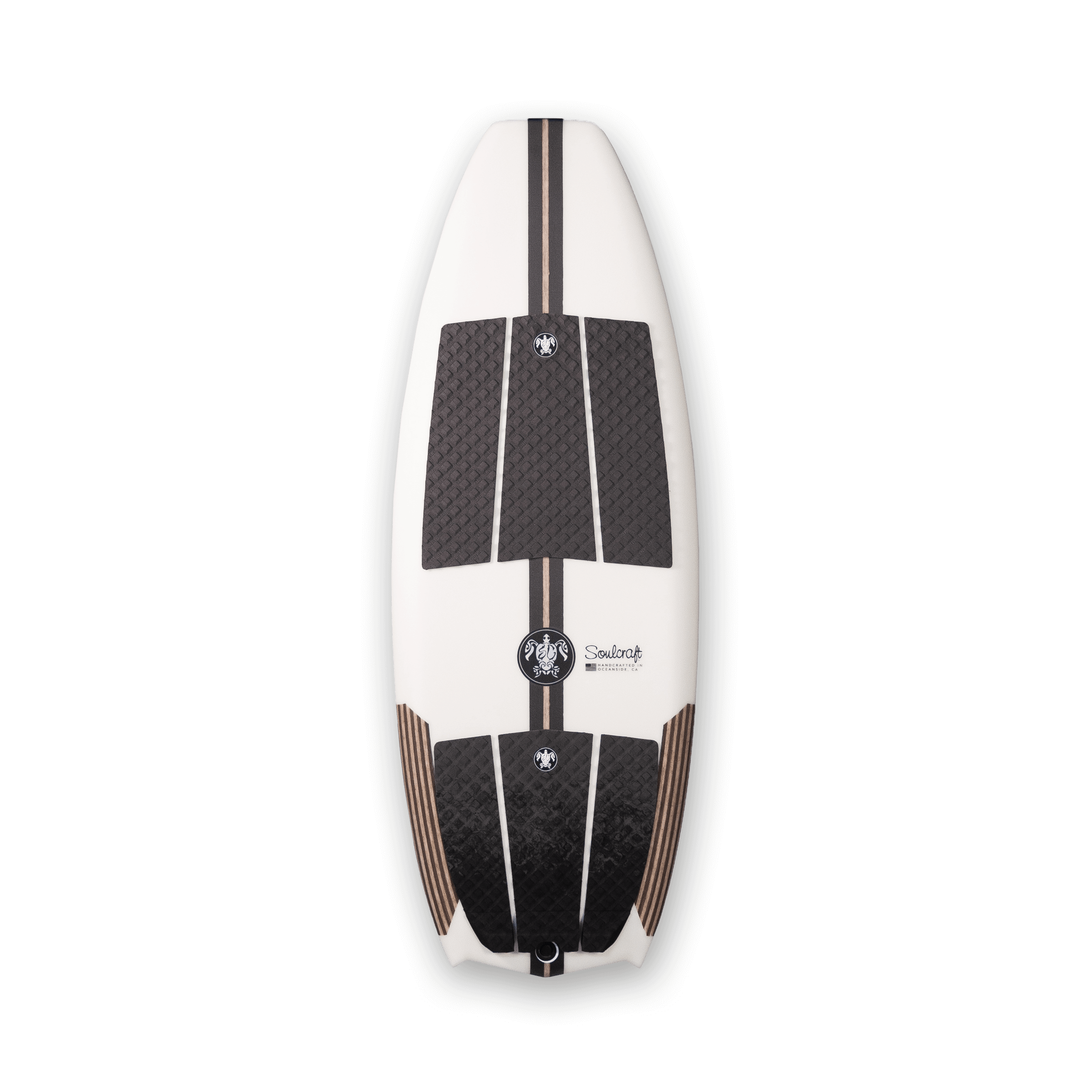 A Soulcraft SuperFang-R Wakesurf Board on a black background made with R-Series carbon fiber.