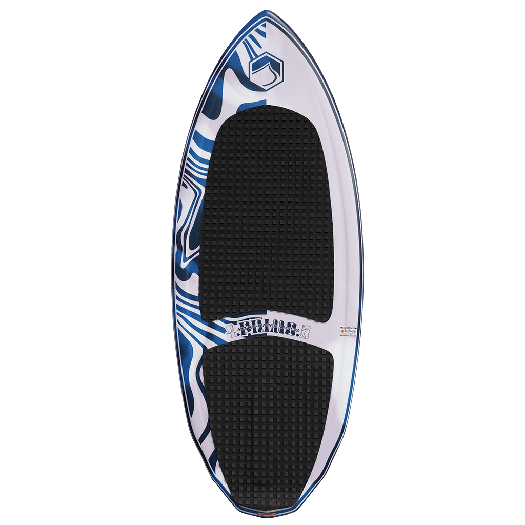 An ActiveWake Limited Edition AWS x Liquid Force 2022 Primo Wakesurf Board, colored in white and blue, against a sleek black background.