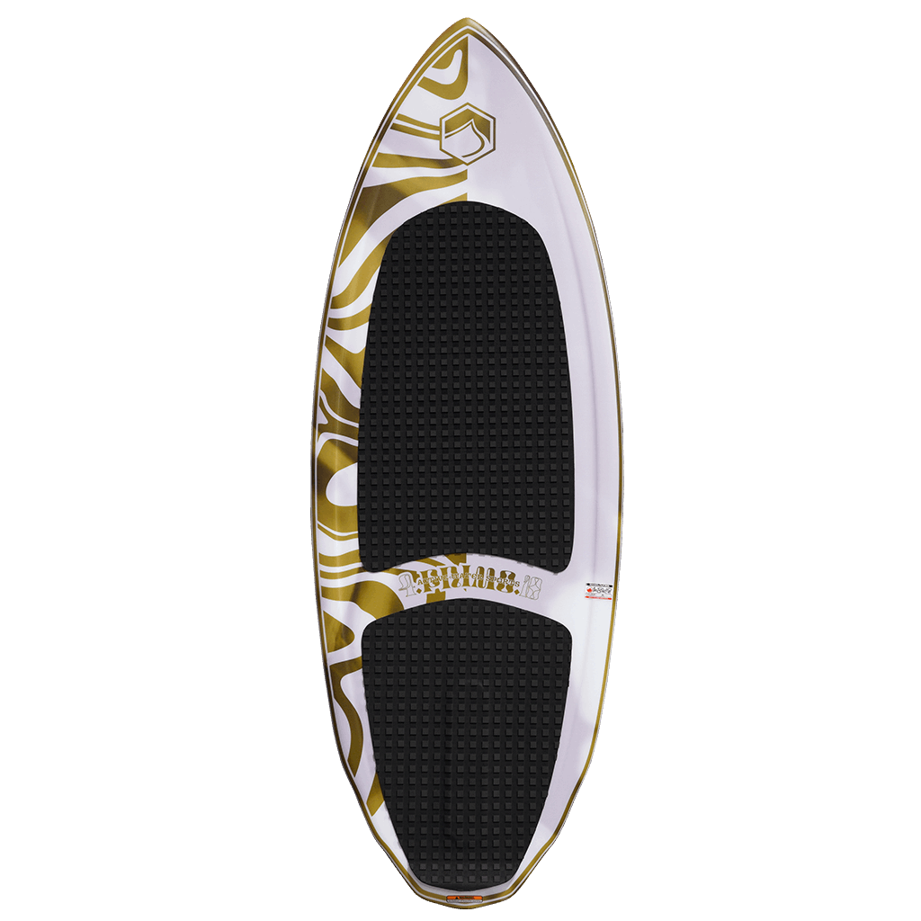 A Limited Edition white and gold wakeboard, perfect for surfing on the AWS x Liquid Force 2022 Primo Wakesurf Board, showcased against a sleek black background from ActiveWake.