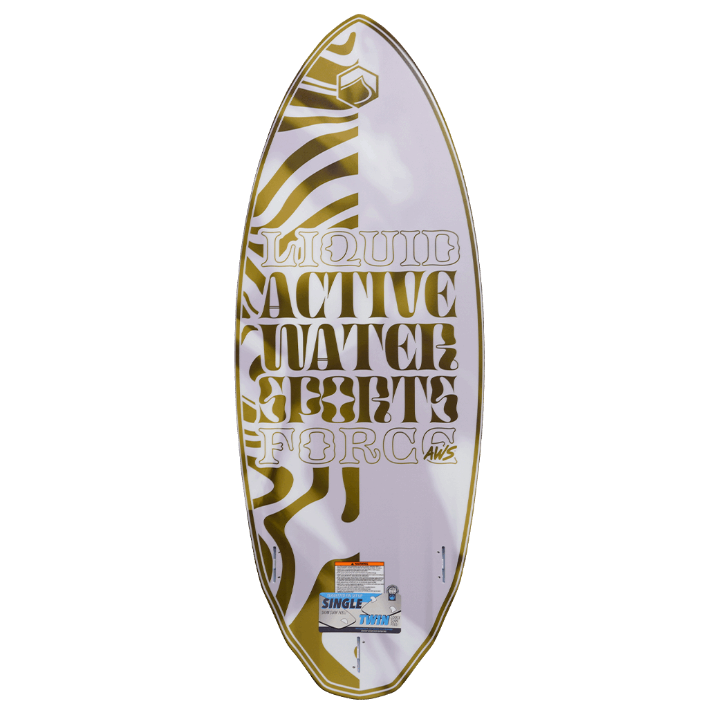 A Limited Edition AWS x Liquid Force 2022 Primo Wakesurf Board with the words "active watch deserts" on it.