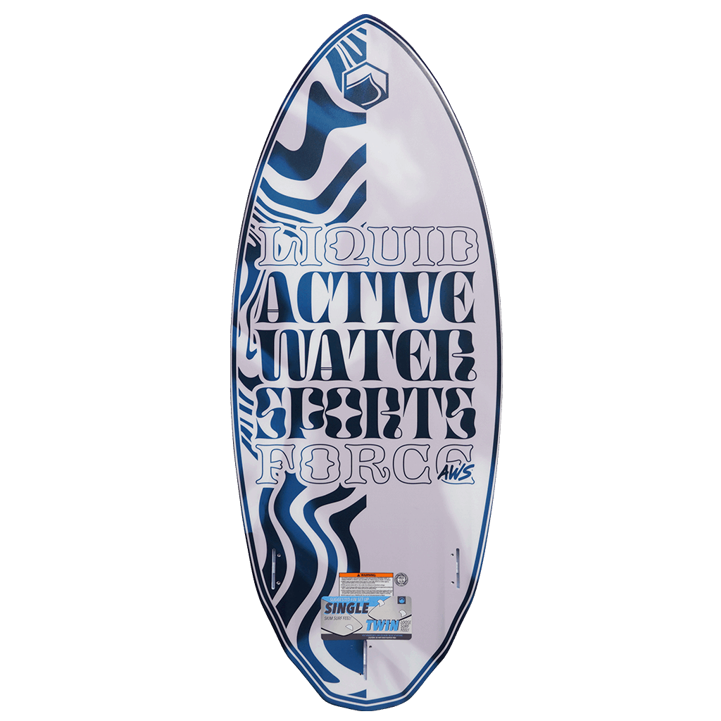 A limited edition AWS x Liquid Force 2022 Primo Wakesurf Board in white and blue with the words "ActiveWake" on it.
