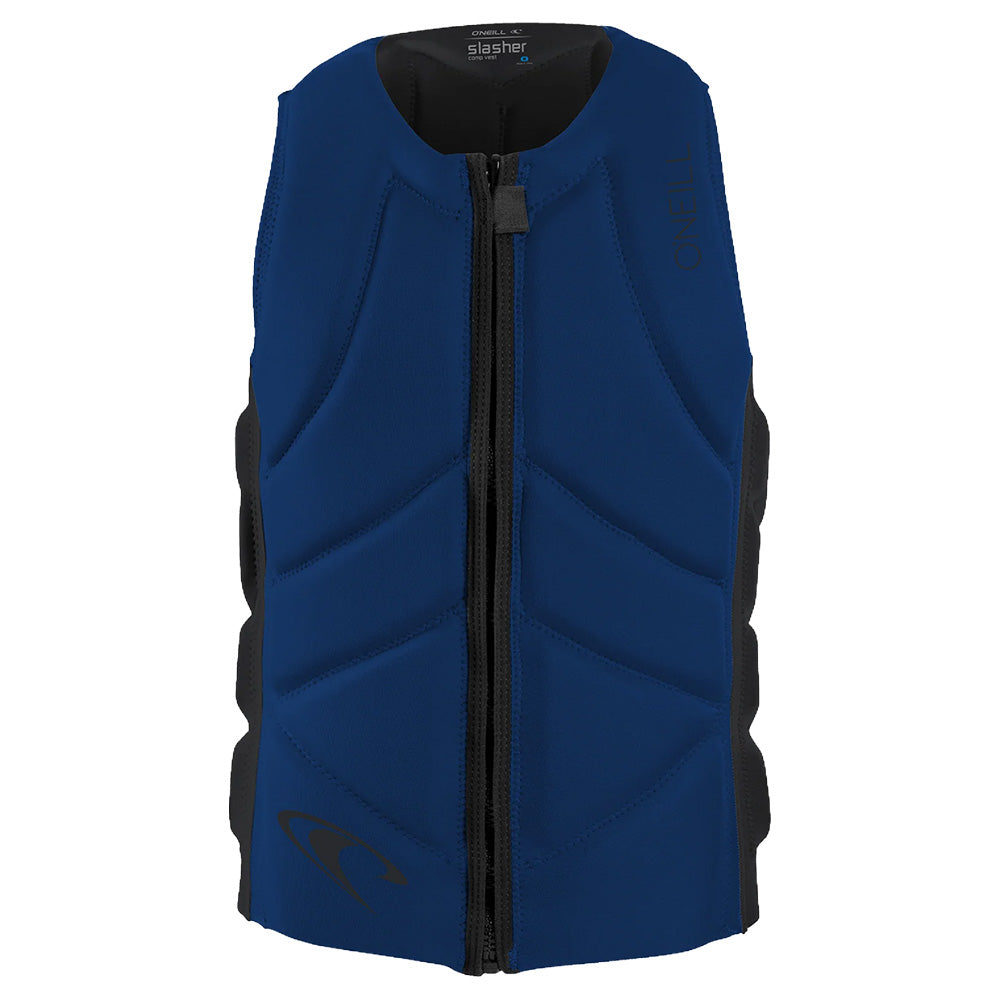 Blue life vest with black zipper on a white background