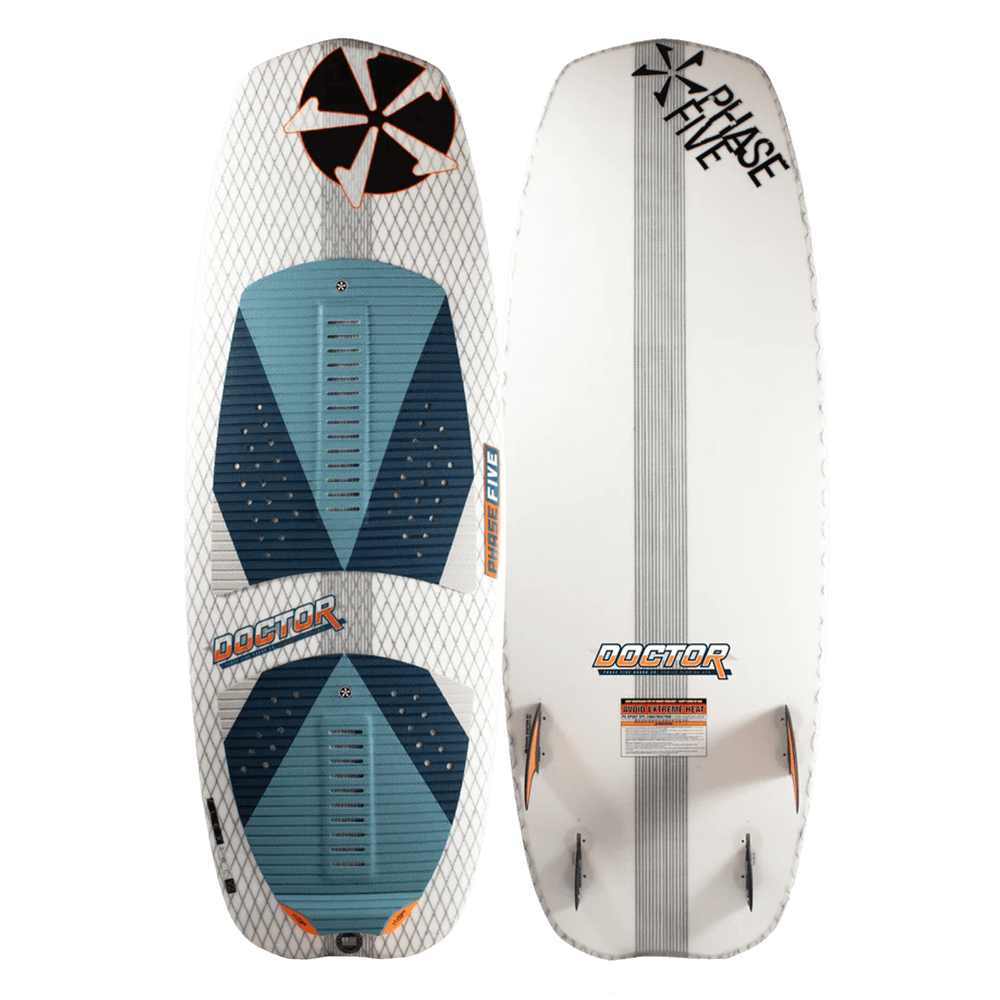 A Phase 5 2024 Doctor Wakesurf Board with a blue and orange design, perfect for experienced riders seeking stability and board control.