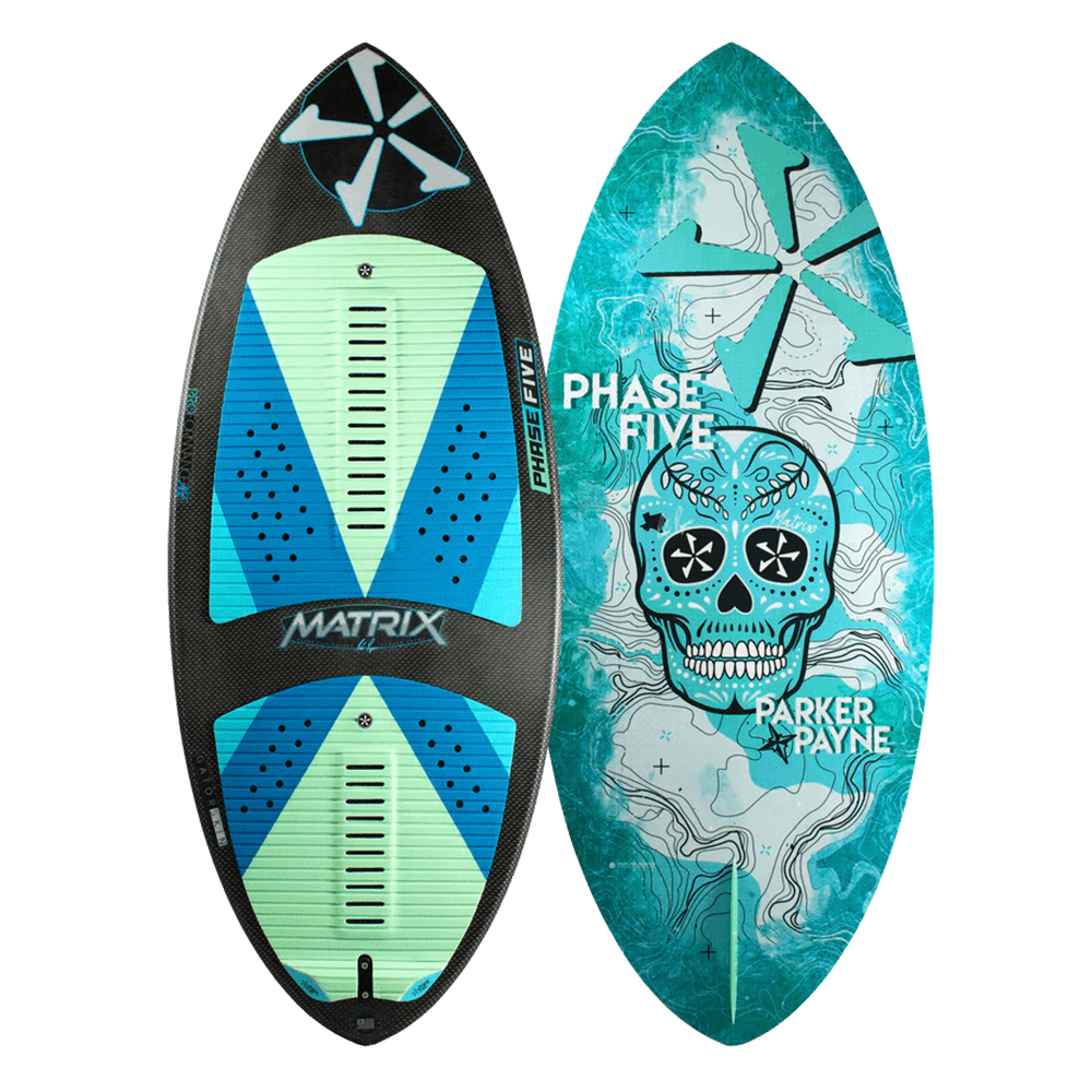 A Phase 5 2024 Matrix Payne Pro Wakesurf Board with a skull design on it, delivering Matrix-level performance.