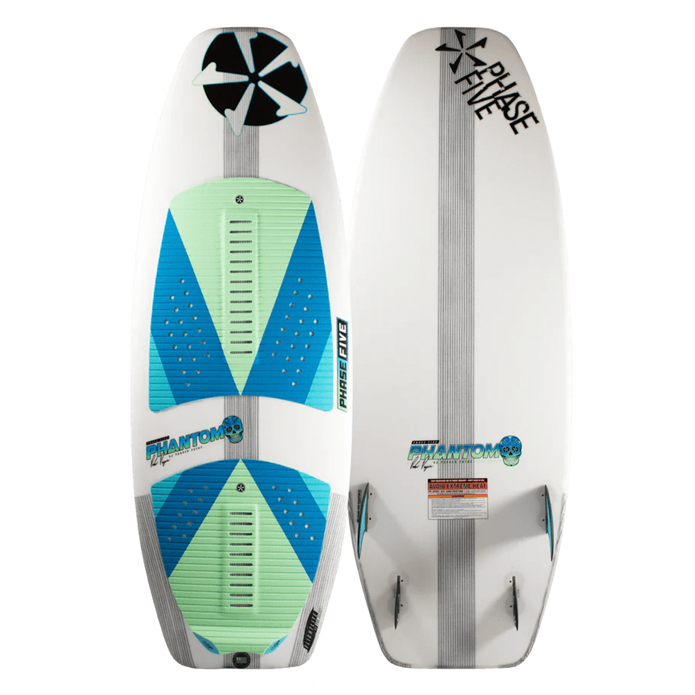 A Phase 5 2024 Phantom Wakesurf Board designed by Parker Payne featuring a blue and white design.