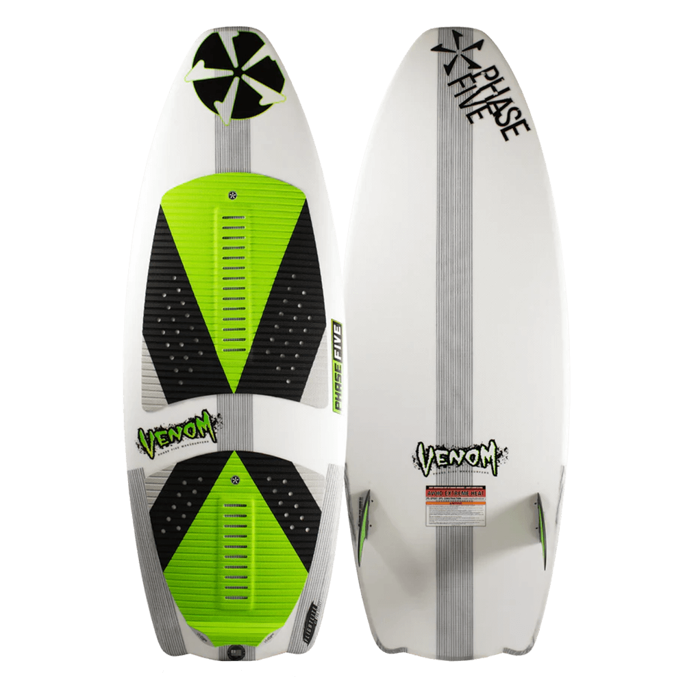 A Phase 5 2024 Venom Wakesurf Board with a green and white design, perfect for wakesurfers.