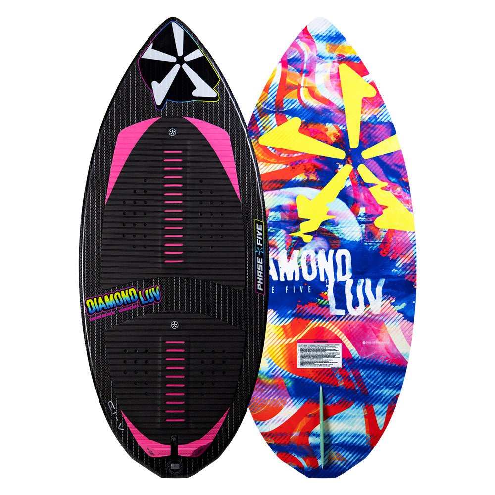 Two eye-catching Phase 5 wakesurf boards: one showcases a sleek black base with pink accents, while the other boasts a striking abstract paint design. Both boards proudly display the Diamond Luv branding and utilize advanced CI-V Carbon Innegra technology for superior performance.