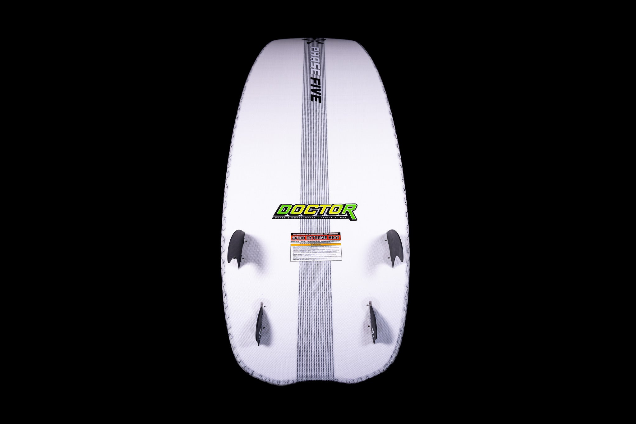 Introducing the Phase 5 2025 Doctor Wakesurf Board, a white board emblazoned with the Phase Five branding. It features three fins set against a black background, engineered for exceptional stability and designed specifically for BIG GUY PERFORMANCE.