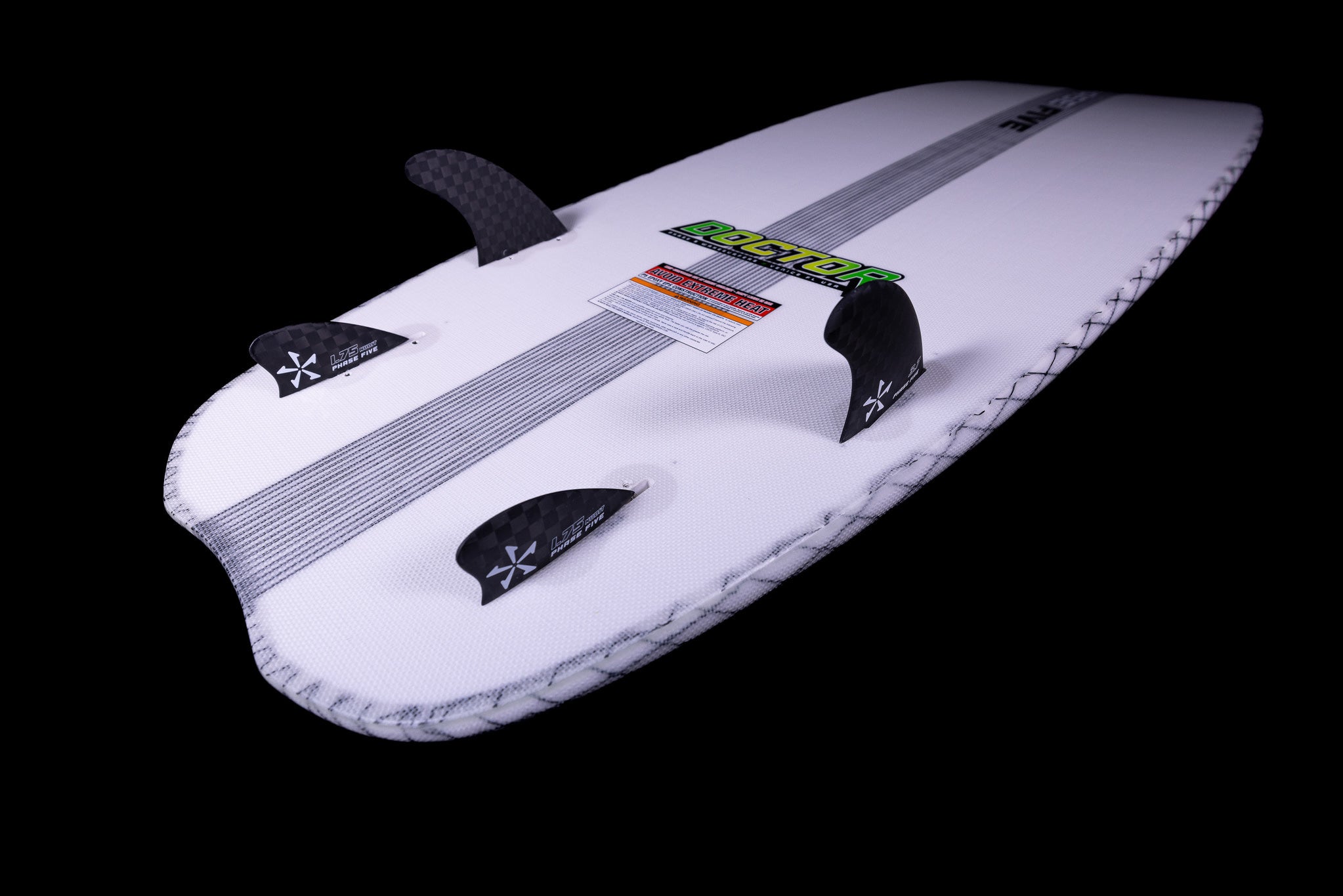 The Phase 5 2025 Doctor Wakesurf Board is a white surfboard equipped with three black fins on the underside and prominently labeled "Doctor." It is engineered by Phase 5 for exceptional stability, making it ideal for executing advanced tricks with assurance.