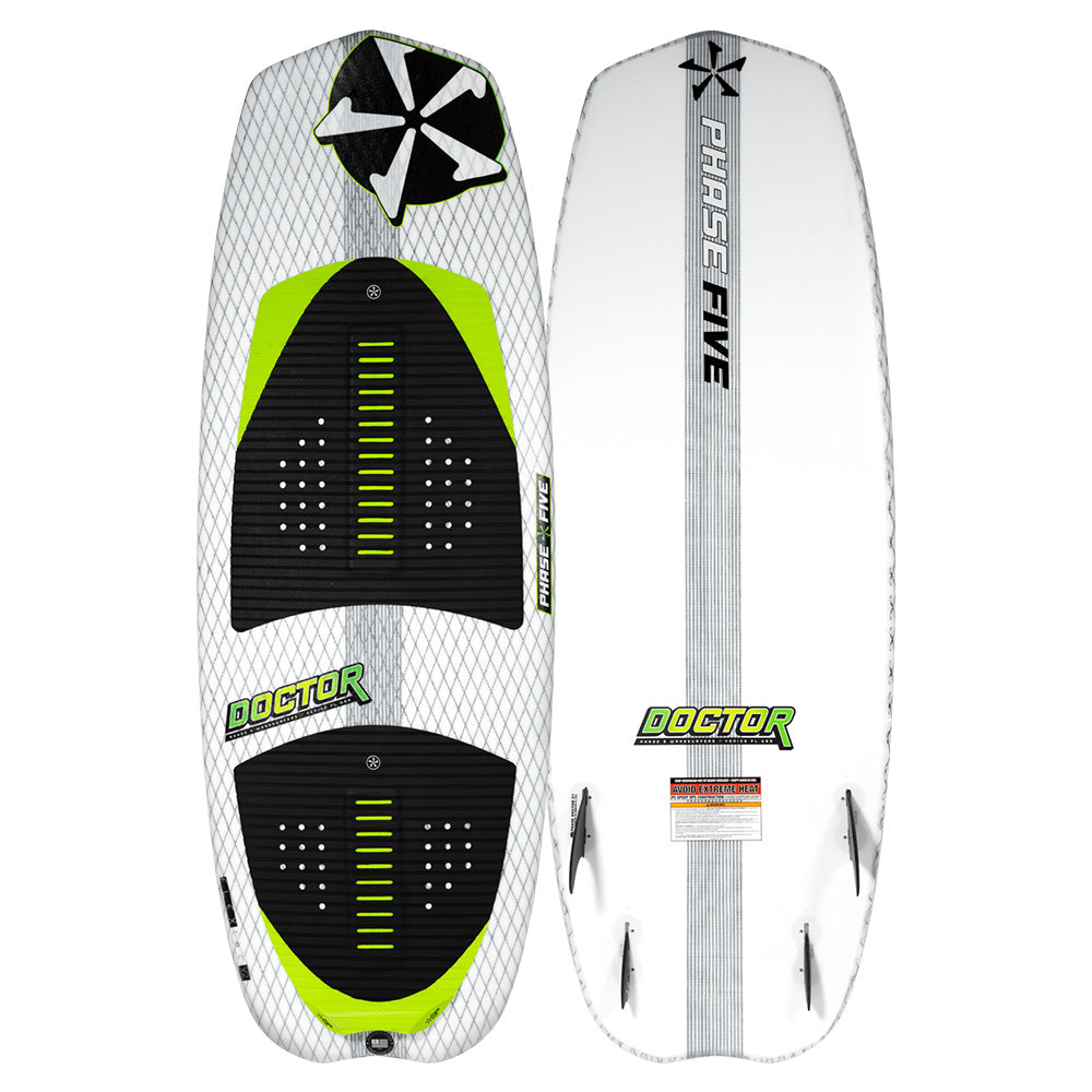 Top and bottom view of a Phase 5 2025 Doctor Wakesurf Board, featuring green and black accents, traction pads, and fins, engineered for exceptional stability during advanced tricks.