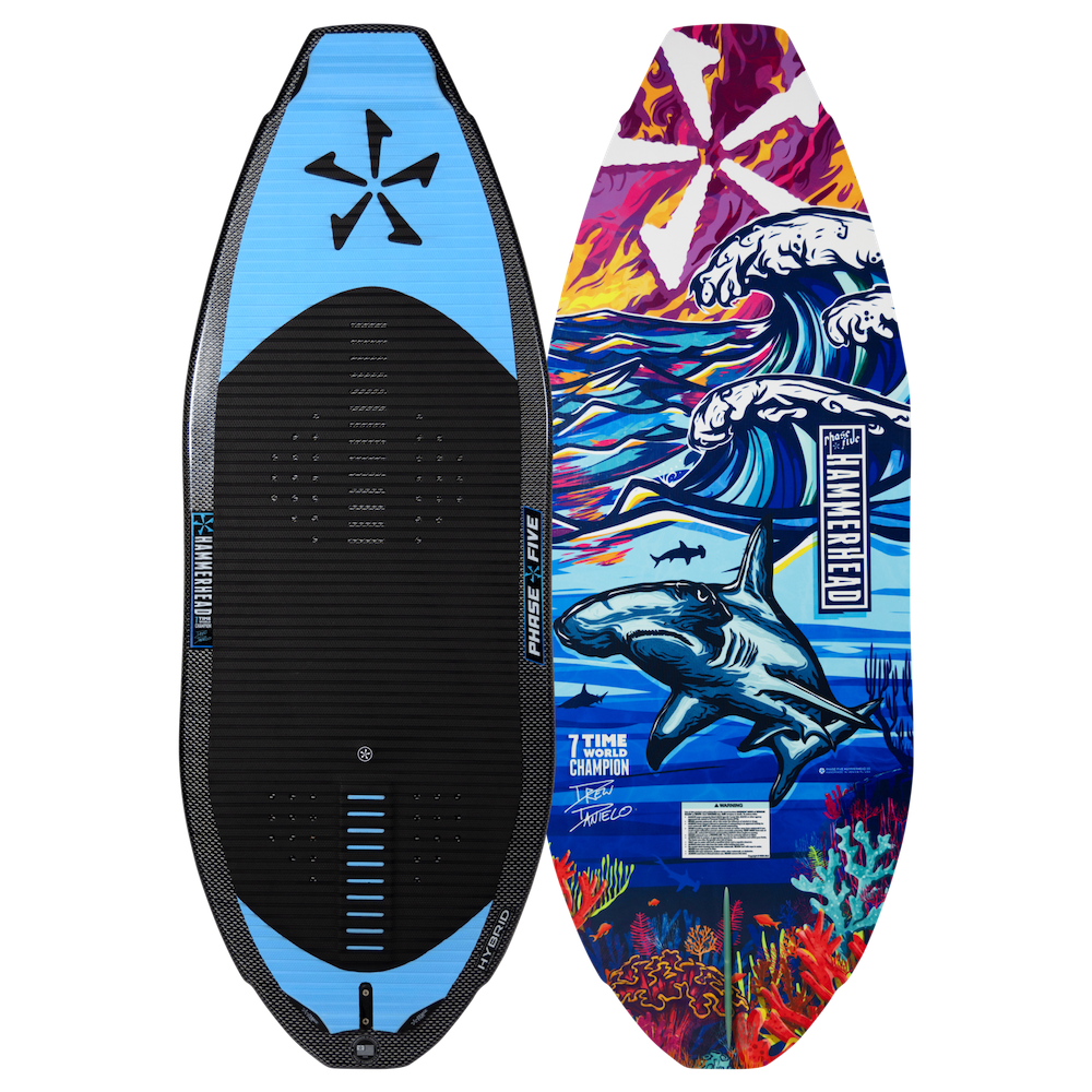 Two wakesurf boards: one featuring a blue and black design, the other showcasing vibrant graphics of waves and a Phase 5 Hammerhead v3 Wakesurf Board shark, along with text and logos.