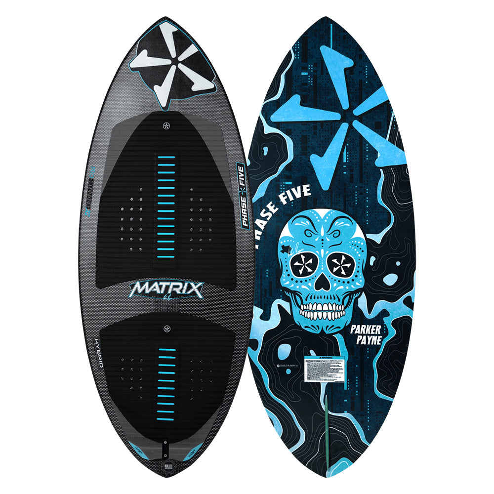 Introducing the Phase 5 2025 Matrix Payne Pro Wakesurf Board by Phase 5, featuring a black and blue design with a striking geometric pattern on one side and an edgy stylized skull graphic accented with a star motif on the other. This board is crafted with GatorSkin Glass for enhanced durability, proudly branded as the Matrix Wakesurfer in collaboration with Parker Payne.