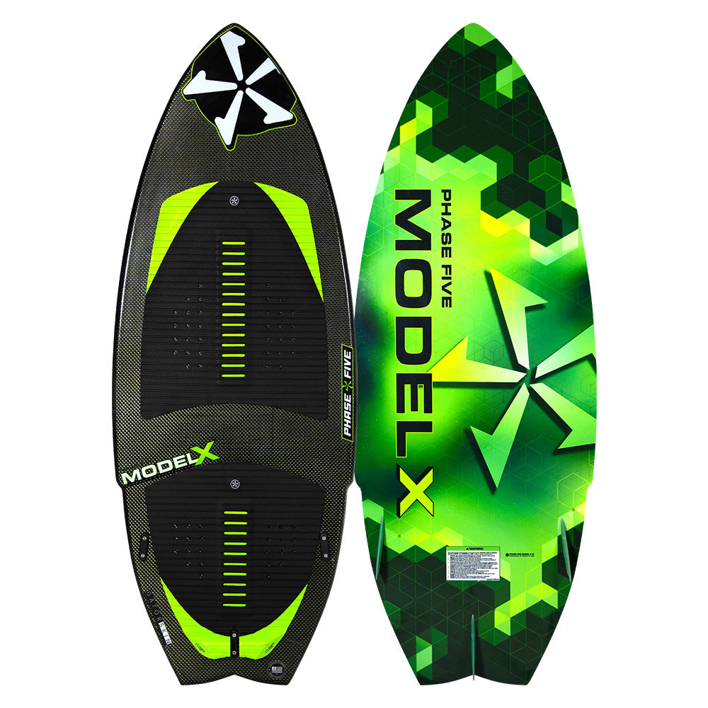 Phase 5 2025 Model X Wakesurf Board front and back of the board pictured together against a white backdrop