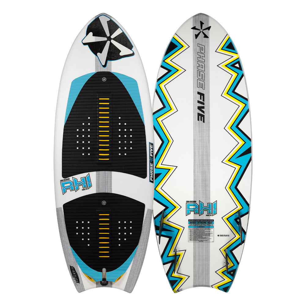 Two wakesurf boards are side by side: one with a black, blue, and yellow traction pad, the other with a geometric underside and the Phase 5 logo. This is the eye-catching Phase 5 Ahi Wakesurf Board 2026.