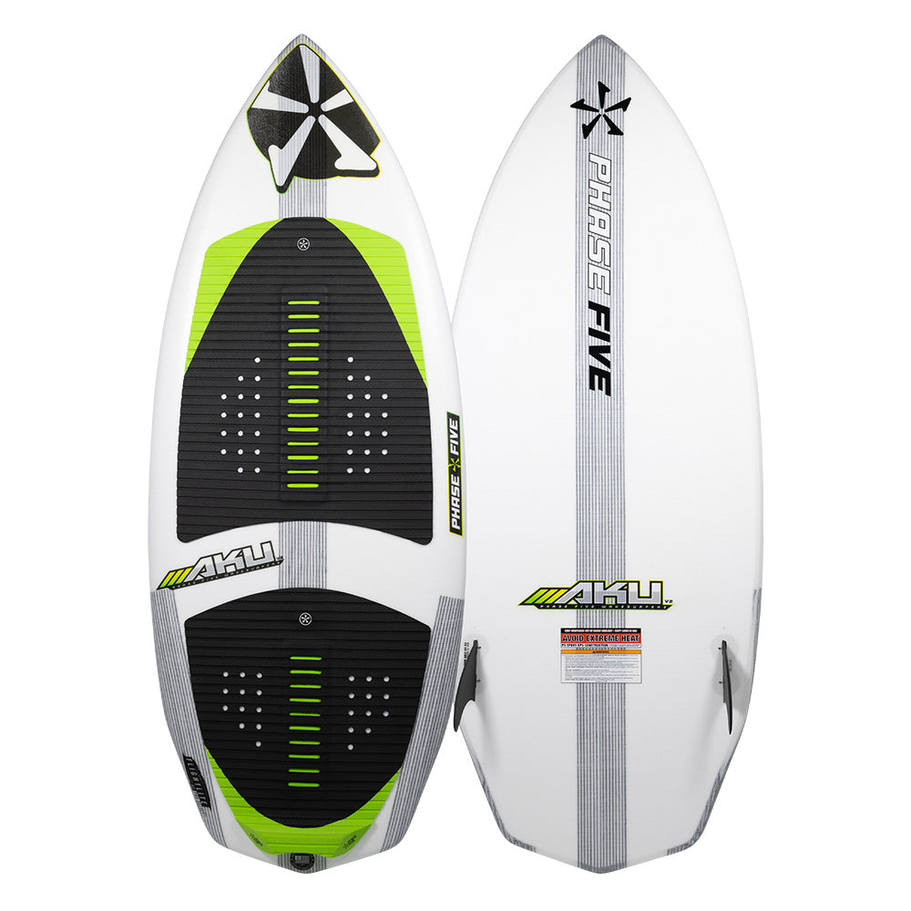 Two views of the Phase 5 Aku v2 Wakesurf Board 2026 show its white and green design with black and grey grip pads; the left highlights the top foot areas, while the right displays the bottom with Phase 5 branding and logo.
