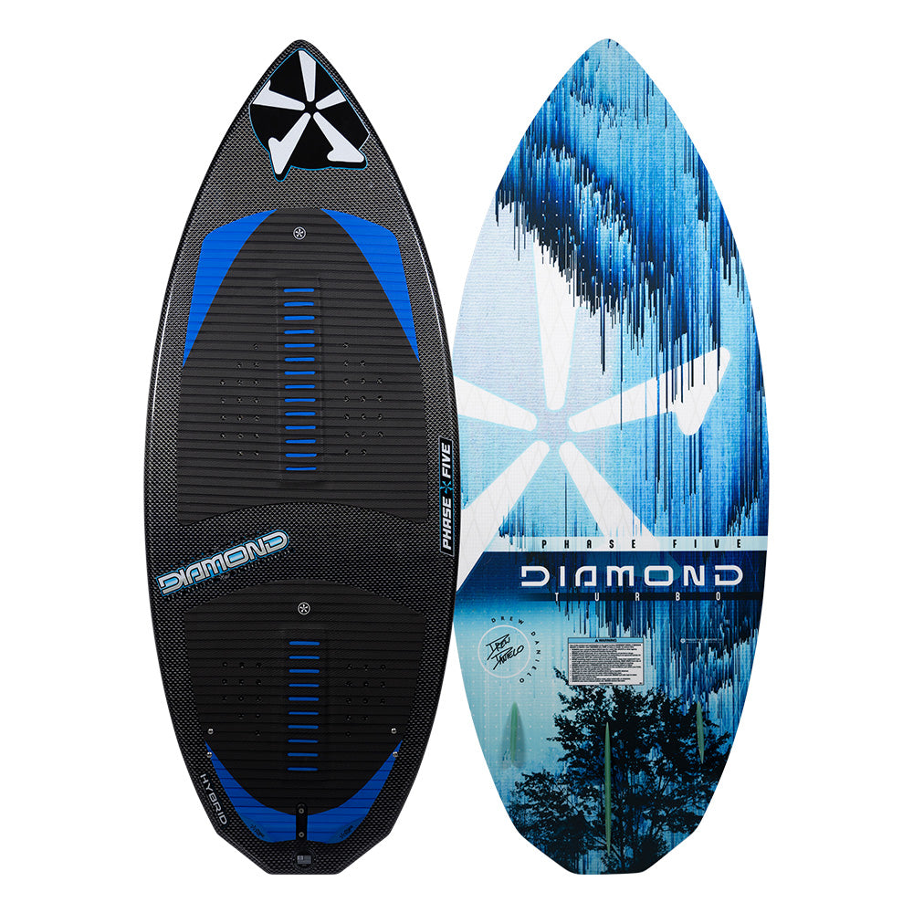 Two skimboards are shown: one with a black and blue striped deck featuring grip pads, and another with a blue and white abstract design labeled "DIAMOND," in the style of the Phase 5 Diamond Turbo Wakesurf Board 2026 by Phase 5.