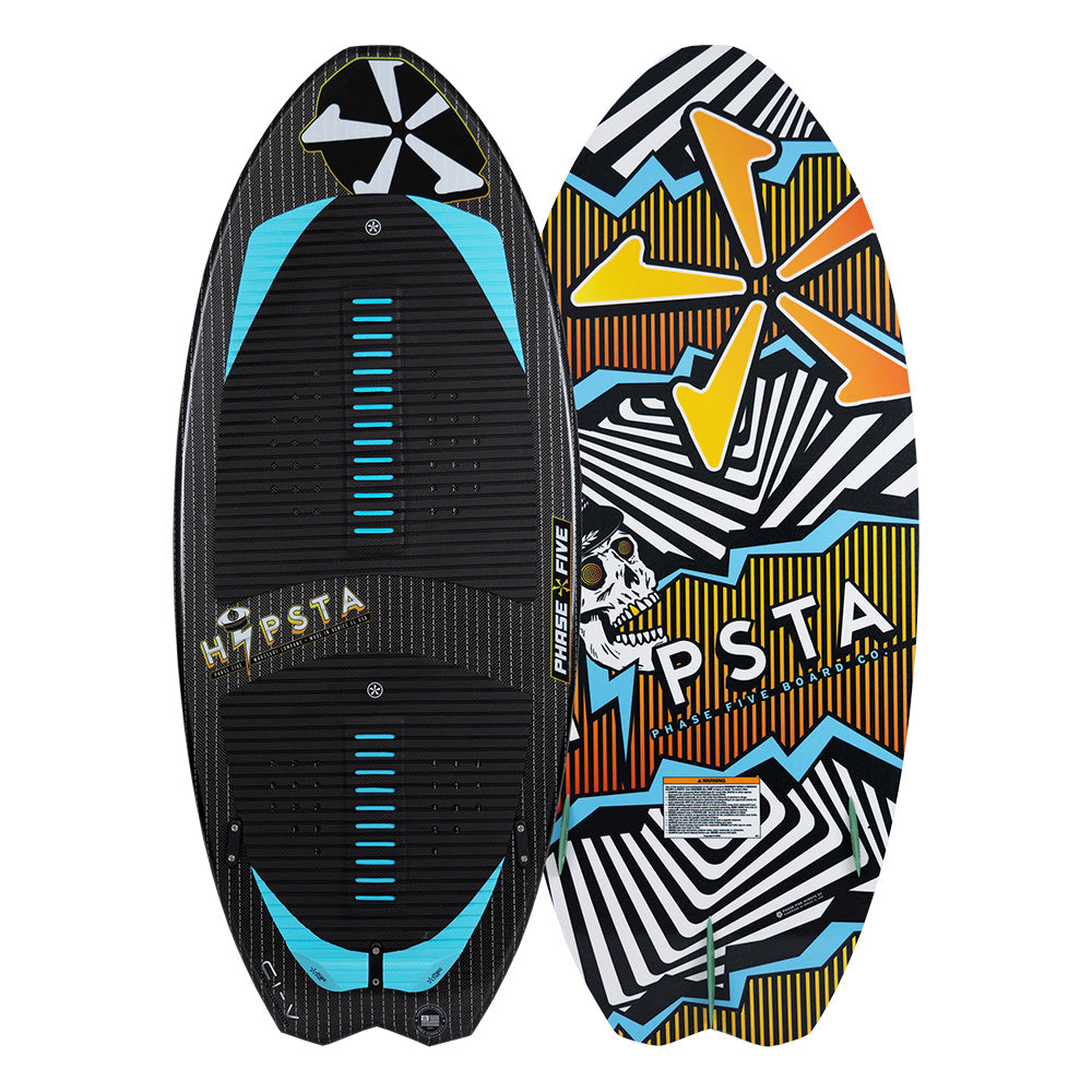 Both sides of the Phase 5 Hypsta v2 Wakesurf Board 2026 are shown: one is black with blue, yellow, and white accents plus foot grips; the other features bold geometric patterns, MPSTA text, abstract stars, and a TRI-Fin setup.