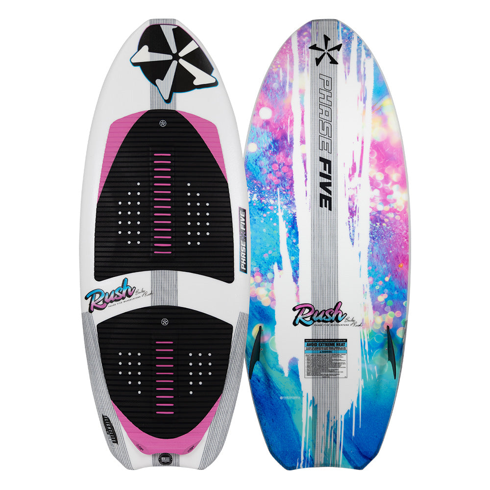 The Phase 5 Rush Wakesurf Board 2026 features black and pink traction pads with the Rush logo on top, and a vibrant blue, pink, and white abstract design on the bottom, delivering lightweight performance and bold Phase 5 branding.